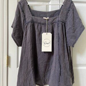 NWT LADIES SIZE 1X EASEL ASH NAVY SHORT SLEEVE SQUARE NECK GAUZE SHIRT TOP
